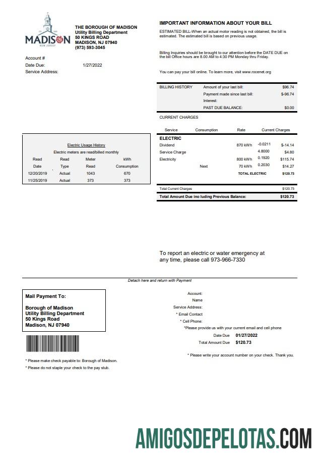imprimível Modelo de conta de serviços públicos do bairro de Madison, EUA, Nova Jersey, em formato Word e PDF